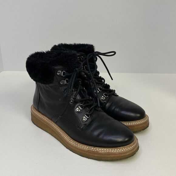 Botkier Winter Boots Black Leather Faux Fur Trim Round Toe Lace Up